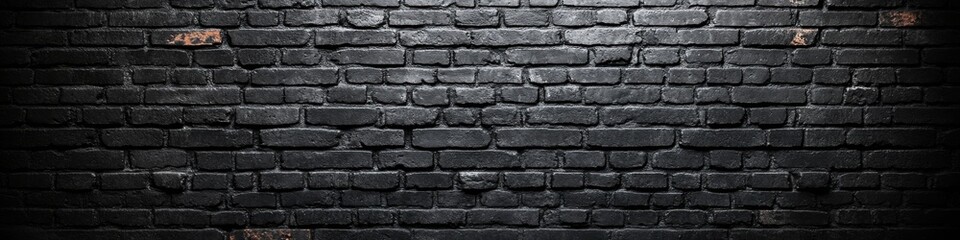 Fototapeta premium Panoramic view of a dark brick wall with rough texture and weathered details