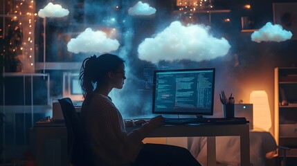 A business startup owner in a smart office space using cloud computing and digital tools to manage the business remotely