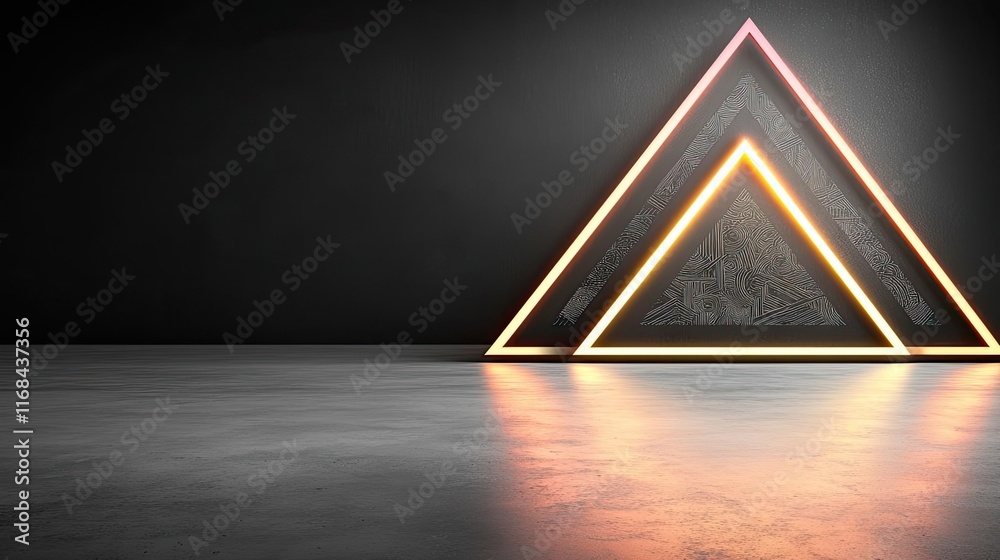 Poster Chalkboard abstract background idea. Stylish geometric triangle shapes with glowing neon lights on a sleek surface.