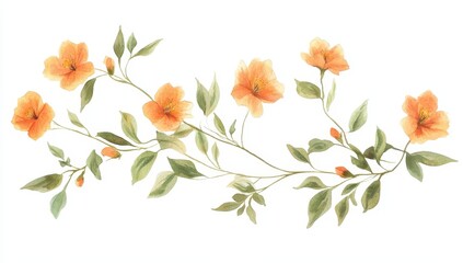 Watercolor orange flowers and green leaves branch.