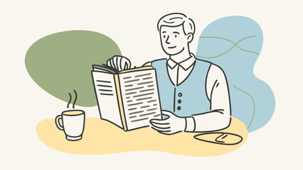 Friendly Clerk Offering Menu Recommendations at a Charming Café - Hand-Drawn Vector Illustration