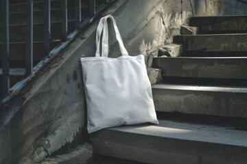 Blank white tote bag on urban stairs.