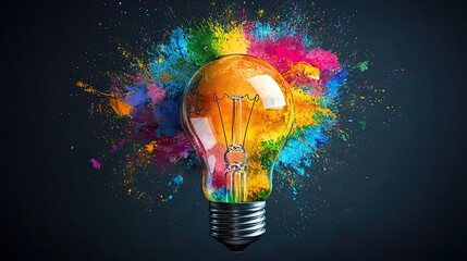 Bright light bulb surrounded by vibrant splashes of color representing creativity and innovation in an artistic design