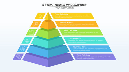 6 Steps Pyramid Infographic with Editable Text on a 16:9 Layout for Business Presentation, Poster, Banner and Booklet.