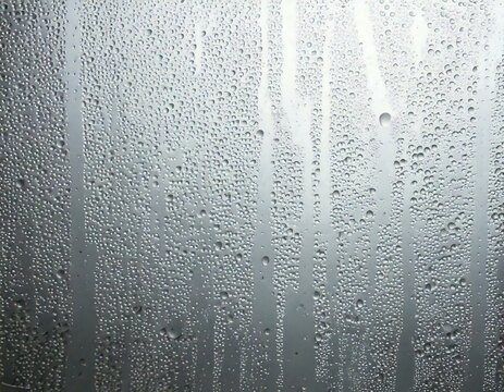 Glass condensation, window steam, water droplets, misted surface, cold weather effect, blurred glass, rainy day atmosphere, condensation droplets, texture, foggy window, wet glass background, moisture