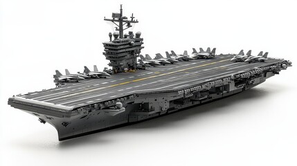 Detailed model of a large aircraft carrier at sea, showcasing its deck, planes, and superstructure.