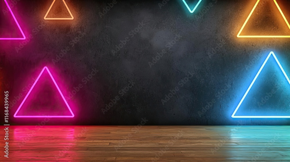 Poster Chalkboard abstract background idea. Colorful neon triangles on a dark wall create a vibrant and modern backdrop.