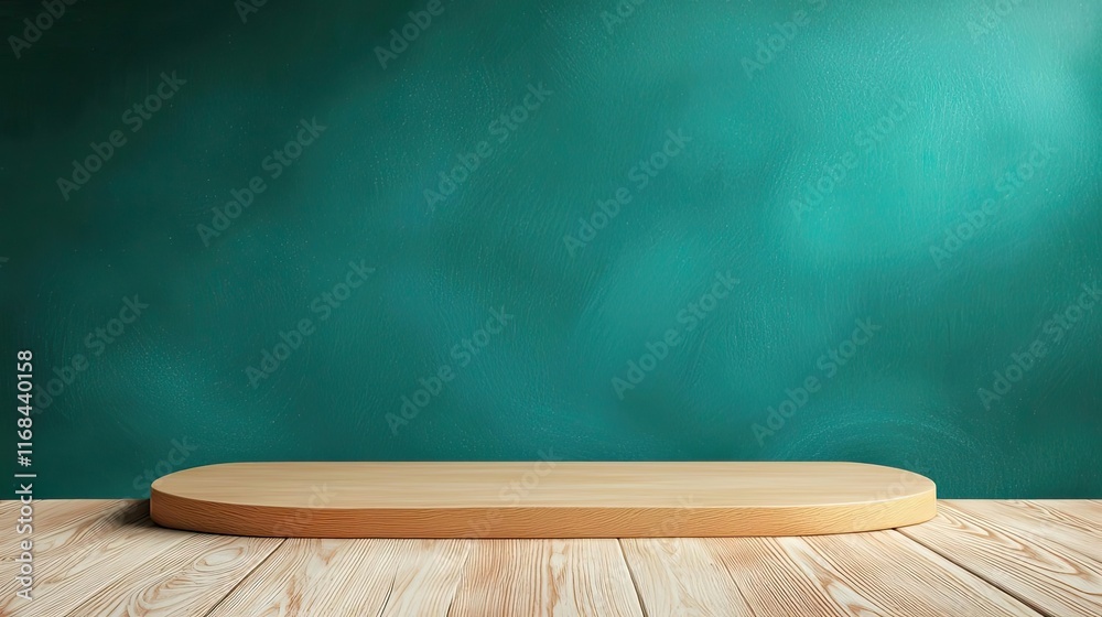 Poster chalkboard abstract background idea. a minimalistic wooden display table against a green background 