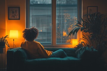 Mature man smiling and relaxing on green velvet sofa using mobile phone in cozy living room