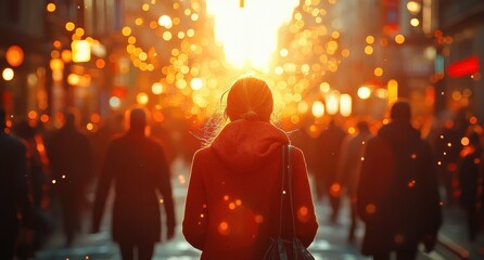 Urban Street Scene with Woman Walking Blurred Crowd Businesspeople City Life Golden Hour