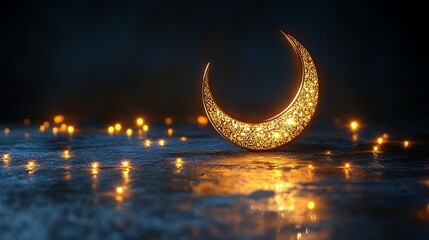 Golden Crescent Moon with Intricate Design on Dark Background