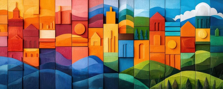 future innovation concept. A vibrant mural depicting blockchain as the foundation for sustainable innovation in energy and agriculture, future innovation sustainability blockchain