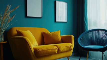 Obraz premium Modern Living Room Scene with Yellow Sofa