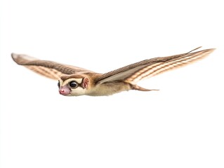 Obraz premium A flying sugar glider with outstretched wings against a white background.
