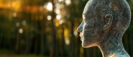 A futuristic female figure made of mesh, set against a blurred forest backdrop.