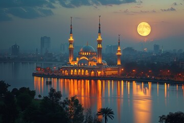 Obraz premium Large building mosque with moon in the sky, reflecting on the water. The scene is peaceful and serene. Ramadan card