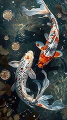 Two Koi fish swimming in a pond, viewed from above.