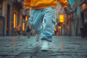 Close-Up of a Street Dancer in Baggy Jeans and Yellow Hoodie on Cobblestone Street