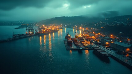 Fototapeta premium Nighttime Port Scene with Illuminated Cargo Ships
