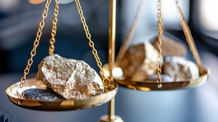 Day of Judgment.Elegant golden scales balancing coins and gold nuggets, symbolizing wealth, value, and financial balance in a refined setting.