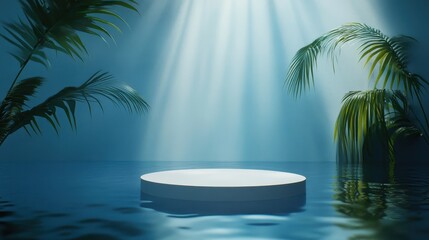 3d background product display podium scene with leaf geometric platform,cloud and sky, palm shadows and white stone podium,Mockup for eco beauty cosmetic advertising,Copy space.