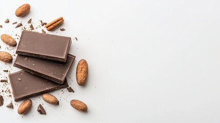 Delicious Dark Chocolate Bars with Nuts and Cocoa on a Light Background for Culinary Designs