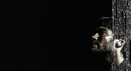 A contemplative young man with dark hair, illuminated against a black background.