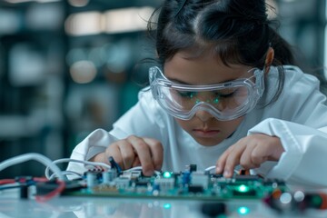 Kid investors Day. Focused girl wearing safety goggles working intently on electronics in a high-tech lab environment.