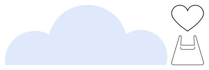 Soft blue cloud alongside a minimalistic heart and bag outline. Ideal for themes of environment, love, simplicity, air travel, sustainability, eco-friendliness, and connection. Abstract line flat