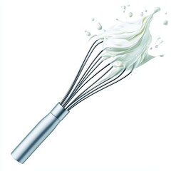 Stainless Steel Whisk with Splash of Cream on White Background for Culinary Use and Cooking