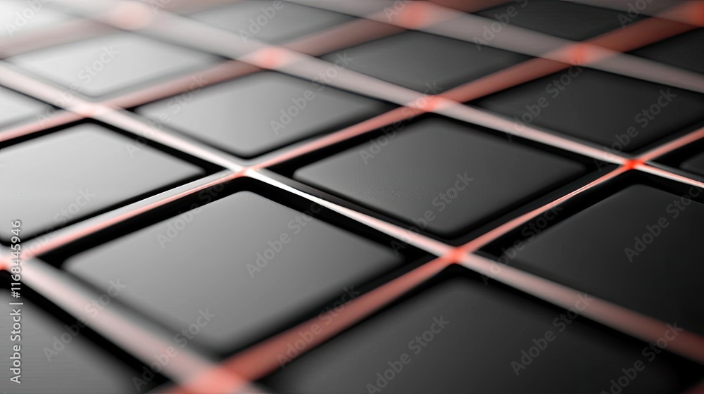 Poster Grid abstract background idea. Close-up of a modern grid pattern with black tiles and red accents for design projects.