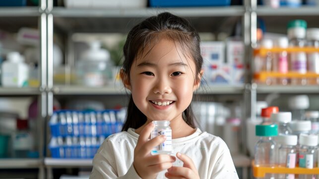 Kid investors Day. A young girl in a science lab experiments with liquids using a pipette, wearing gloves and a white coat. - Powered by Adobe