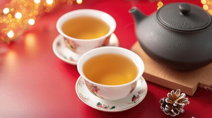 Chinese new year tea food concept. Steaming green tea in porcelain cups, glowing golden light and festive red backdrop, elegant and authentic presentation