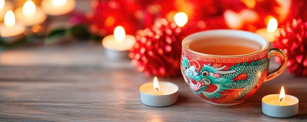 Chinese new year tea food concept. Tea served in a dragon-themed cup, surrounded by glowing candles and vibrant red decorations, symbolic and cultural
