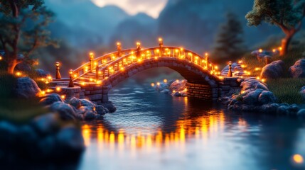 Obraz premium A serene, illuminated bridge arches over a calm river, surrounded by lush greenery and mountains, creating a peaceful and enchanting landscape.