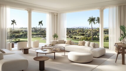 Fototapeta premium Modern luxurious living room with elegant furniture and breathtaking outdoor view