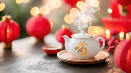 Fototapeta premium Chinese new year tea food concept. Artistic tea set arranged like a Chinese calligraphy symbol, golden steam rising, surrounded by festive red lanterns