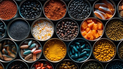 Overhead shot of various food and supplement ingredients in small metal tins.