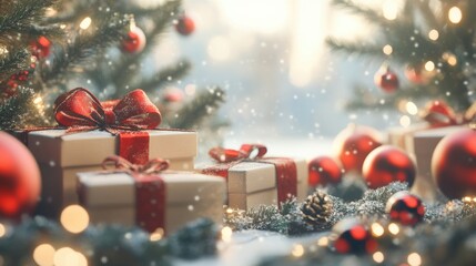 Seasonal Holiday Gift Boxes on Christmas Tree