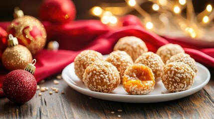 Chinese new year dessert steaming sesame balls with vibrant molten fillings, glowing golden light, surrounded by red silk and festive ornaments