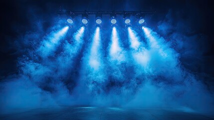 Bright blue stage lights illuminate a foggy performance area creating an atmospheric setting for an...