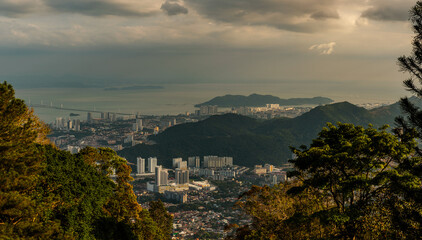 A city view with a mountain in the background View from Penang Hill Overlooking George Town, Malaysia