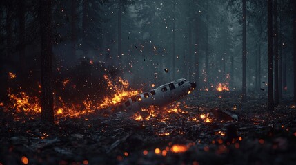 Burning Airplane Wreckage in Forest Fire