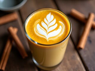 A warm turmeric latte with intricate latte art, surrounded by cinnamon sticks on a rustic wooden table. A comforting and vibrant wellness drink.