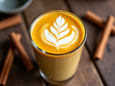 A warm turmeric latte with intricate latte art, surrounded by cinnamon sticks on a rustic wooden table. A comforting and vibrant wellness drink.