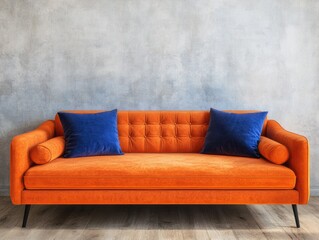 Vibrant Orange Sofa Against Wall with Pillows and Blue Accent