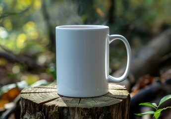 White mug of hot drink on tree stump in autumn forest.