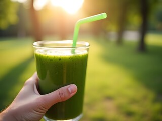 A refreshing glass of green smoothie held against a sunny outdoor background. A healthy, vibrant drink packed with natural goodness and energy.