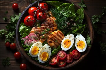 Plate of salad from green leaves and vegetables eggs chicken on wooden table and dark background