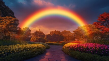 Obraz premium A vibrant rainbow arches over a colorful garden, surrounded by lush greenery and blooming flowers under a dramatic sky.